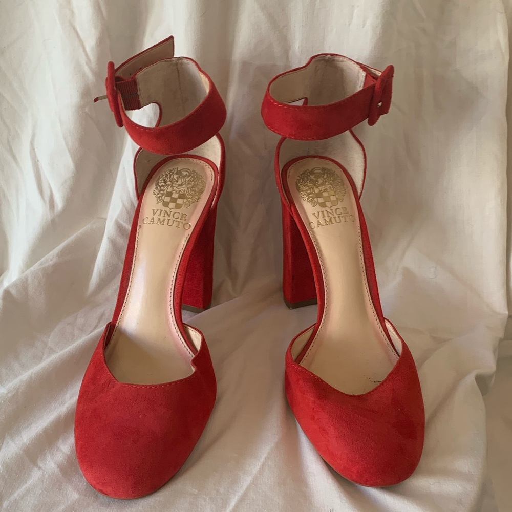 Vince Camuto Suede Chunky Ankle Strap Heels 7
